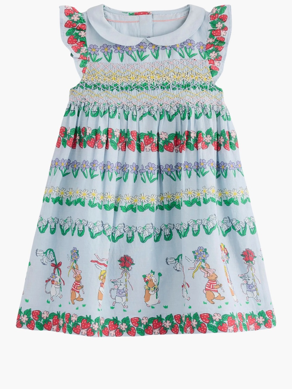 Mini Boden Adeline Smocked Dress Easter Bunny Floral Strawberries